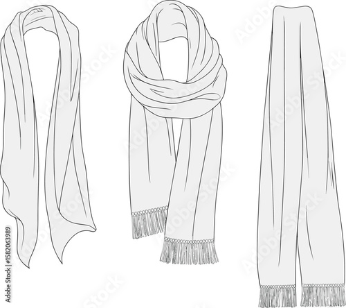 Scarf flat sketch, winter fashion accessory, detailed scarf drawing, apparel vector template, hand-drawn wrap design, cold weather wear