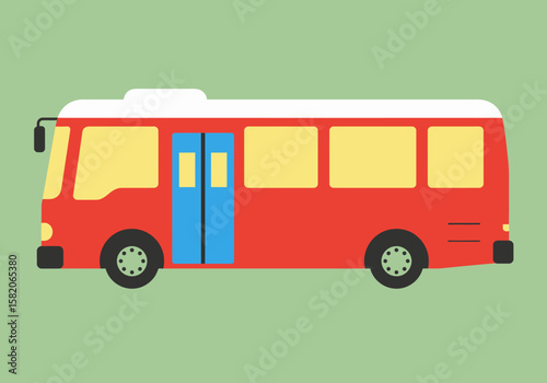 Retro Red Bus Vintage Public Transport Vehicle Illustration on Green Background - Modern Travel Design