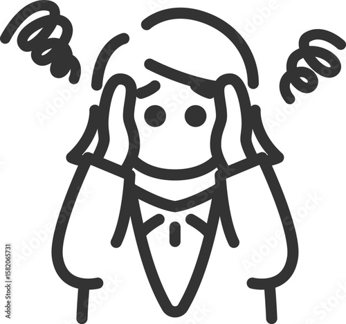 悩んでいる、ビジネスウーマンのアイコン（線画）のイラスト