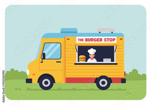 Cartoon food truck illustration serving burgers, a mobile restaurant with a chef and a tasty offering on green field