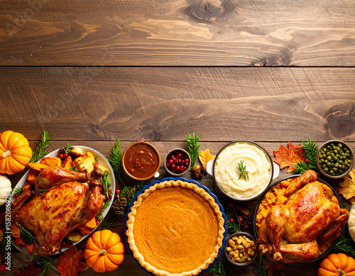 Minimalist festive table with place settings, roasted turkey, and autumn vegetables neatly arranged on bottom half.