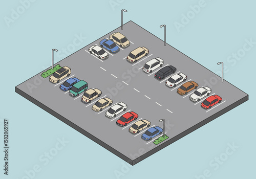 Isometric Parking Lot Illustration with Cars A Birds-Eye View of Urban Mobility and Parking Design