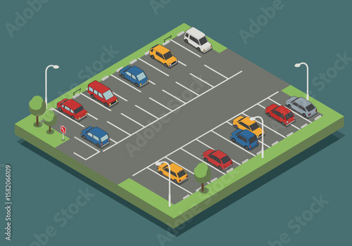 Isometric Parking Lot Illustration with Cars and Parking Spaces, Ideal for City Planning and Transportation Concepts