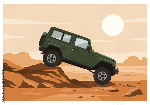 Illustration of an Off-Road Vehicle Climbing a Rocky Hill on a Sunny Day for Adventure and Exploration