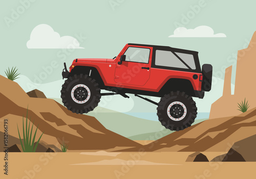 Illustration of a red off-road vehicle conquering a rugged landscape, ideal for adventurous and automotive themes.