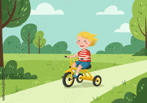 Cheerful Youngster Learning to Ride Tricycle on Sunny Day in the Park - Childhood Joy and Outdoor Fun