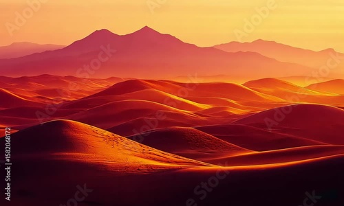Majestic Desert Landscape at Sunset with Rolling Sand Dunes and Distant Peaks