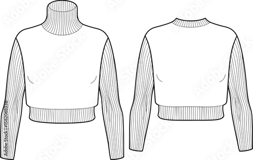 Stylish cropped sweater fashion flat sketch, ribbed sleeves, turtleneck and crew neck, modern women’s apparel design illustration, vector template