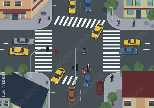 Urban Traffic A Street Intersection Scene Depicting Cars and Pedestrians Navigating a Cityscape
