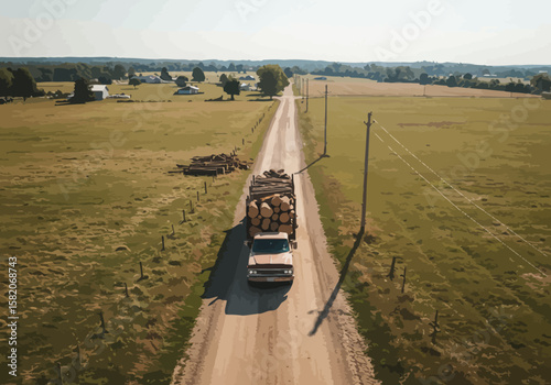 Rural Route Truck Transporting Timber Logs on a Country Road Through Verdant Fields