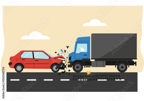 Road collision scene illustration depicting a car and truck accident with debris on the asphalt