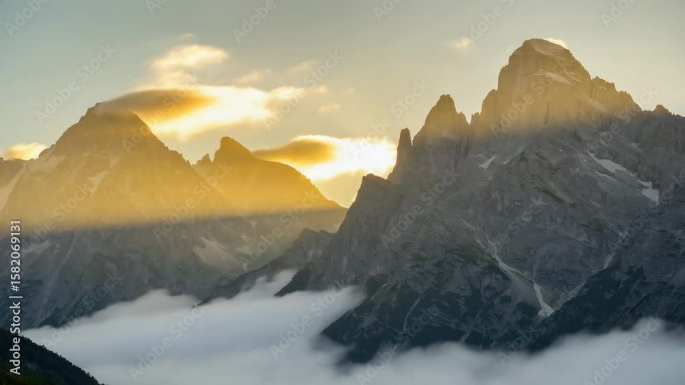 Majestic mountains at sunrise with clouds and golden light  