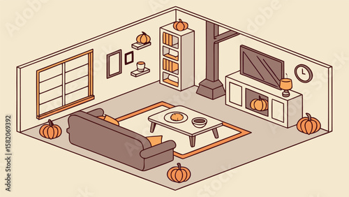 Cozy isometric living room decorated for autumn with pumpkins on shelves floor and mantelpiece featuring a sofa coffee table and television