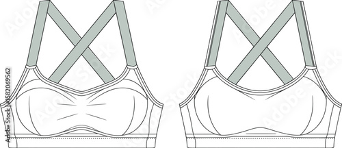 Technical flat sketch of front and back view sports bra with wide crisscross straps, activewear design for fashion illustration