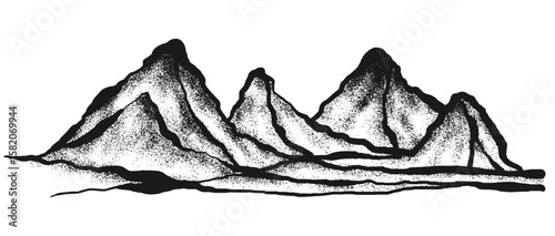 Grain stippled texture mountain range. Spray Painted mountain landscape. isolated on white background. use for print art, poster, cover, banner