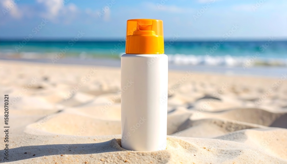 Sunscreen bottle on sandy beach (1) Sunscreen bottle on sandy beach (1)