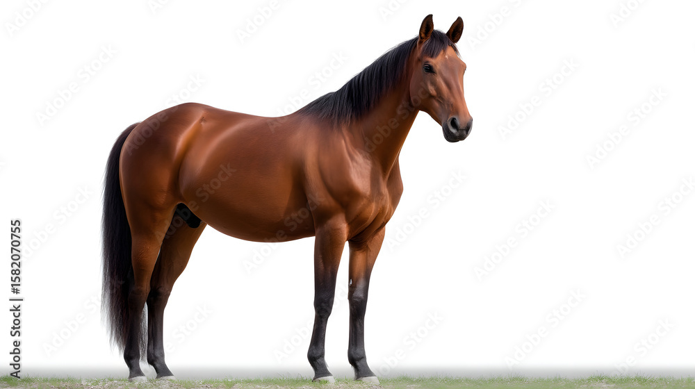 Obraz premium Graceful Horse in Profile: A stunning bay horse stands confidently, showcasing its sleek, muscular physique. The horse's elegant form and striking features capture the essence of equine beauty.