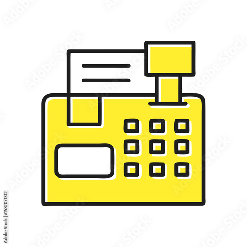 Yellow cash register with receipt printing in modern flat design  