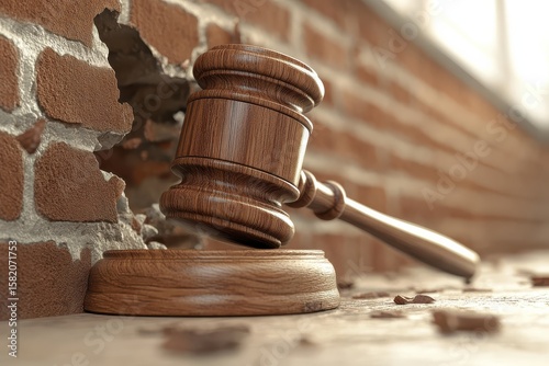 Wooden Gavel Breaking Through Wall Symbolizing Financial Justice and Authority in Legal System