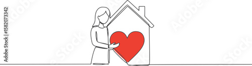 Woman holding a red heart in front of a house outline  