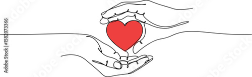 Hands holding a red heart symbol in minimalist outline design  