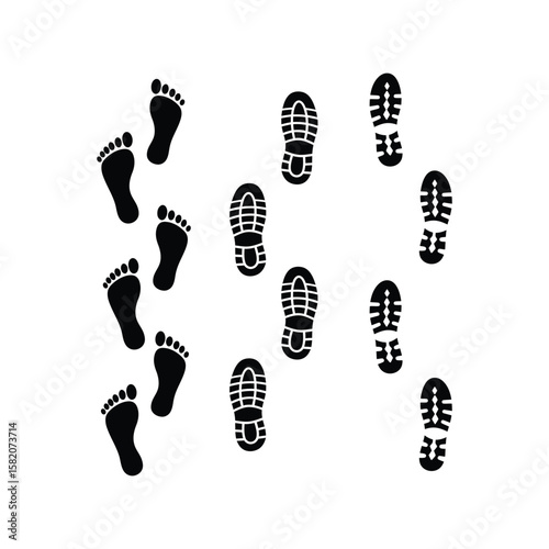 Diverse Footprints and Shoe Prints, Barefoot and Boot Mark Trails