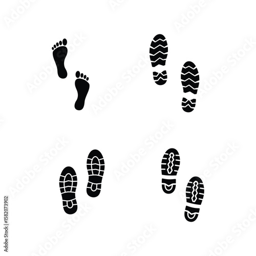 Diverse Footprints and Shoe Prints, Barefoot and Boot Mark Trails
