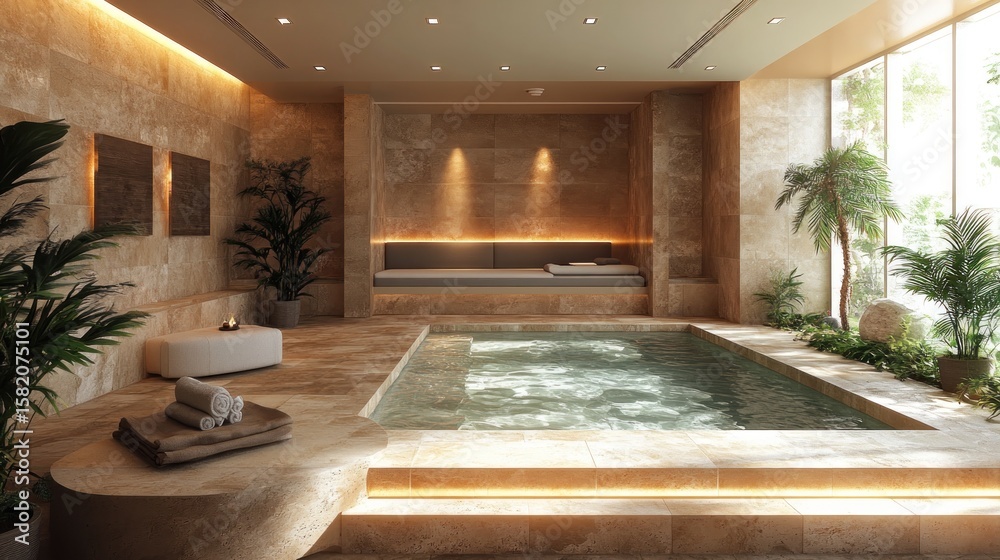 Fototapeta premium serene indoor sanctuary featuring a tranquil pool surrounded by natural stone textures with lush green foliage creating a calming spa-like atmosphere for relaxation and rejuvenation