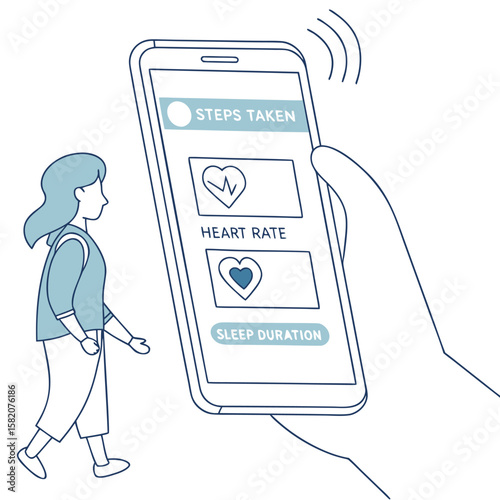 Woman walking while checking her fitness tracker app on a smartphone displaying steps taken heart rate and sleep duration data with wireless signal icons