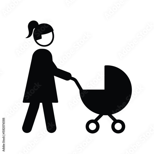 Mother Pushing Baby Stroller Icon, Parenthood and Childcare Symbol Vector