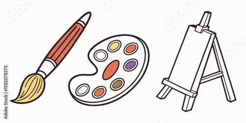 Artistic tools including a paintbrush paint palette and easel isolated on white background