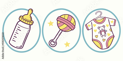 Cute baby essentials including bottle rattle and bodysuit isolated on white background