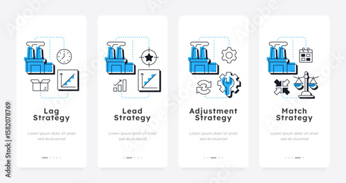Capacity management strategies mobile app onboarding screens. Productivity improvement inside organization. Flat UI UX design, blue highlight with outline icons conceptual. Lexend font used