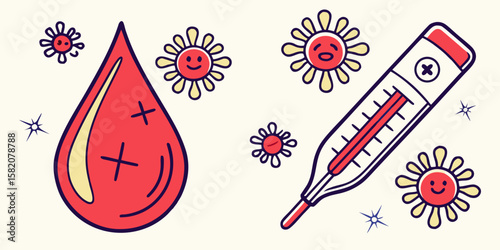Cartoon blood drop and thermometer with cheerful virus characters isolated on white background