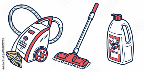 Cartoon illustration of cleaning supplies including a vacuum cleaner mop and cleaning fluid isolated on white background