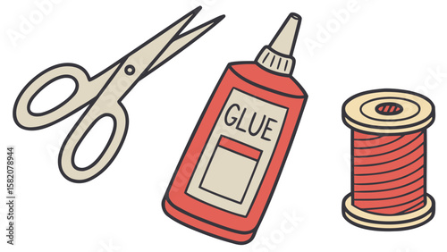 Set of craft supplies including scissors glue and thread isolated on white background