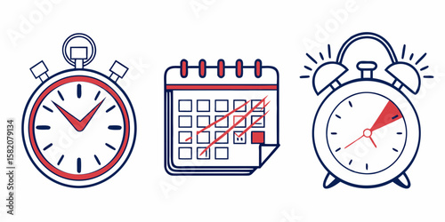 Time management icons including stopwatch calendar and alarm clock isolated on white background