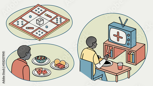 Man engaged in leisure activities including playing a board game eating food and watching television isolated on white background