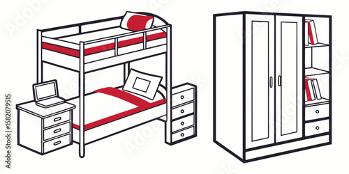 Bunk bed with nightstand and wardrobe furniture illustration isolated on white background