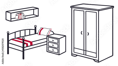 Childrens bedroom furniture set with bed wardrobe nightstand and bookshelf isolated on white background