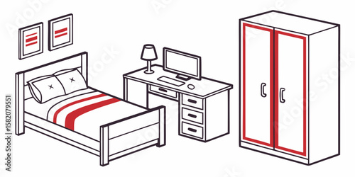 Bedroom furniture set including bed desk and wardrobe isolated on white background