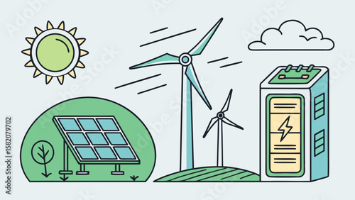 Renewable energy sources including solar panels wind turbines and battery storage isolated on white background