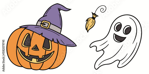 Happy halloween jack o lantern wearing a witch hat and a friendly ghost isolated on white background