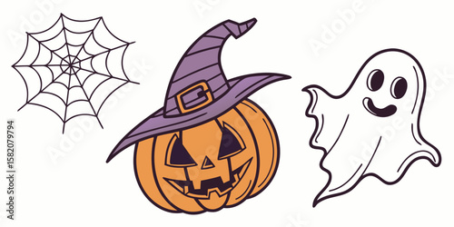 Cute halloween pumpkin ghost and spider web illustration isolated on white background