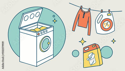 Illustration of laundry washing machine and clothes drying on a line isolated on white background