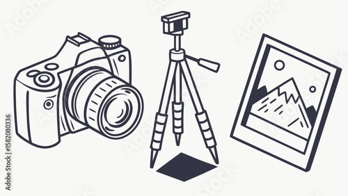 Digital camera tripod and photograph of mountains isolated on white background