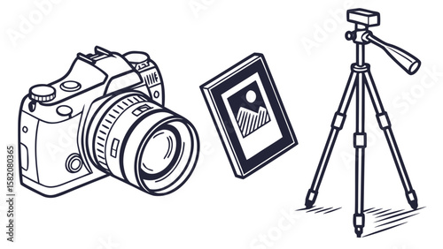 Digital camera framed picture and tripod for photography isolated on white background