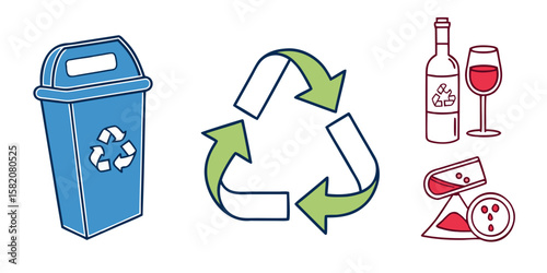 Collection of recycling symbols and waste management icons isolated on white background