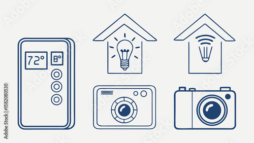 Collection of smart home device icons including thermostat light bulb and camera isolated on white background