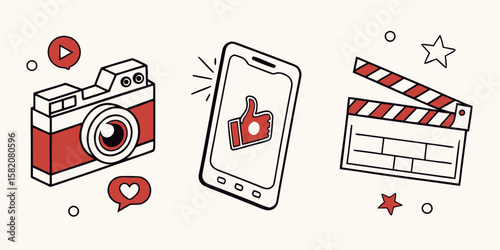 Retro camera smartphone with thumbs up and clapperboard isolated on white background